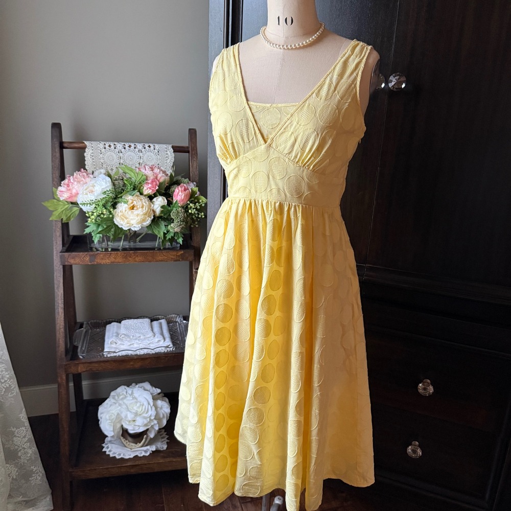 Yellow Cotton Polka Dot Dress Sleeveless Empire Waist Midi Dress P10 Fit Flare